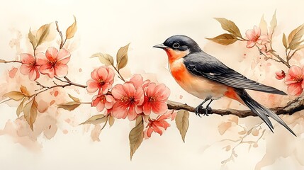 Captivating scene with swallow bird perched on flowering branch in nature picture