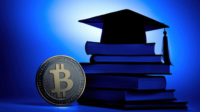 Books stacked with graduation cap and Bitcoin symbolizing education and finance