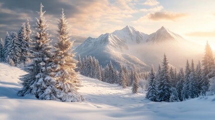 Obraz premium A snowy mountain range with pine trees. The trees are covered in snow and are spread out across the landscape