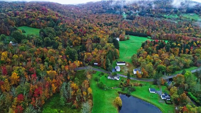 Aerial of fall foliage in the Catskill Mountains in Sullivan county, NY, USA