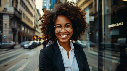 Fototapeta premium Happy businesswoman standing outside an office building