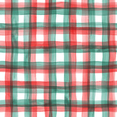 Watercolor stripe gingham seamless pattern. Red and green color striped background