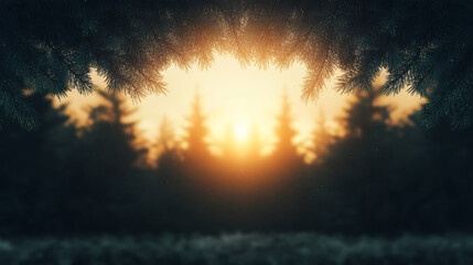Obraz premium A soft, warm glow of the setting sun filters through the pine branches, casting a magical light on the forest.