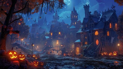 A Halloween Village with Lit Jack-O-Lanterns Under a Full Moon