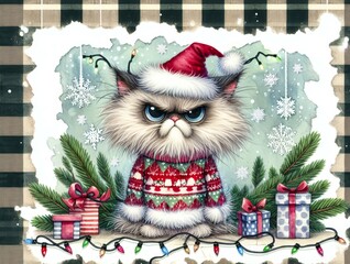 Angry fluffy cat wearing a festive sweater and Santa hat, surrounded by gifts, lights, snowflakes, and holiday greenery.