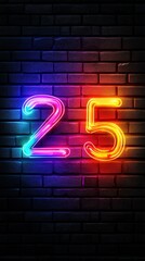 Colorful neon number 25 glowing against a dark brick wall texture.