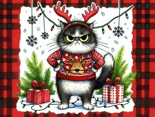 Mischievous cat wearing a festive sweater and antler headband, tangled in colorful Christmas lights, surrounded by gifts and greenery.