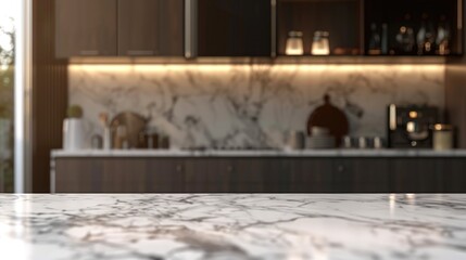 Modern kitchen room background with empty marble table for product or food display.
