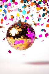 Disco ball with colorful confetti on a white isolated background.