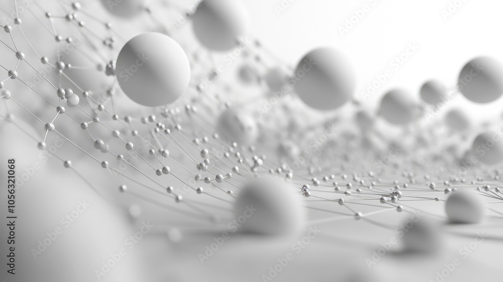 Poster abstract of connected spheres and lines, symbolizing advanced molecular science and cutting-edge tec