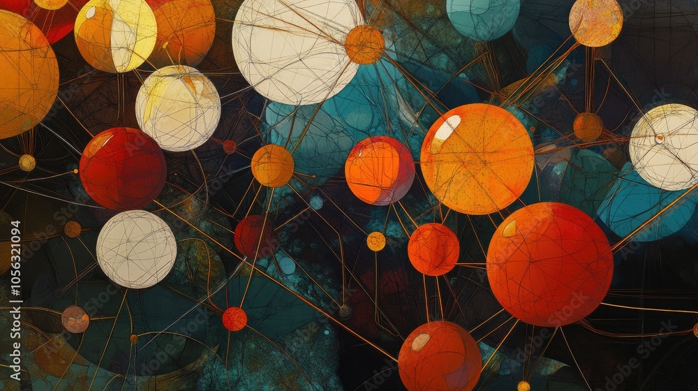 Poster abstract of connected spheres and lines, symbolizing advanced molecular science and cutting-edge tec