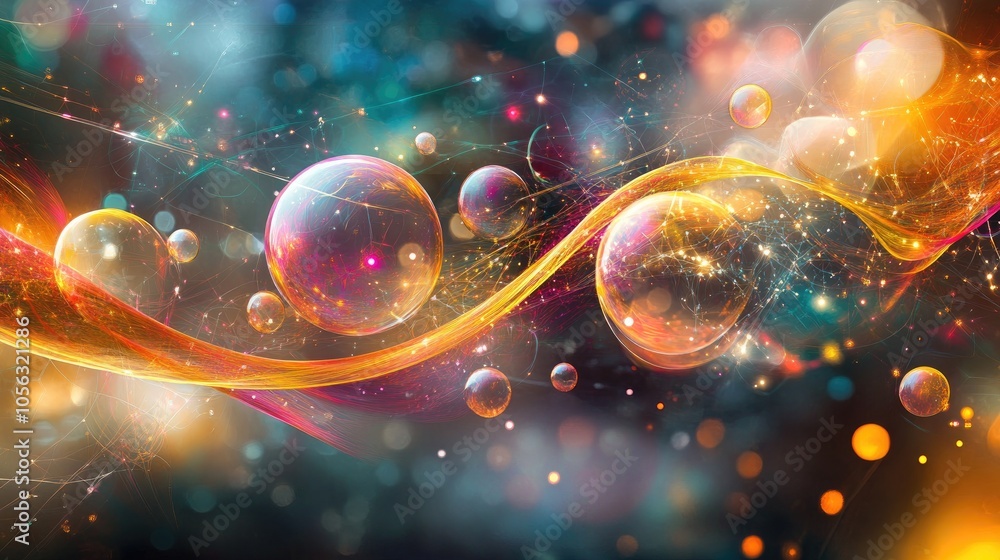 Poster high-tech abstract of molecular structures with transparent spheres and lines, symbolizing science a