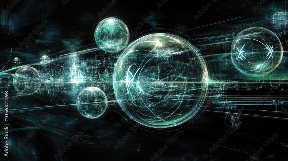Poster high-tech abstract of molecular structures with transparent spheres and lines, symbolizing science a