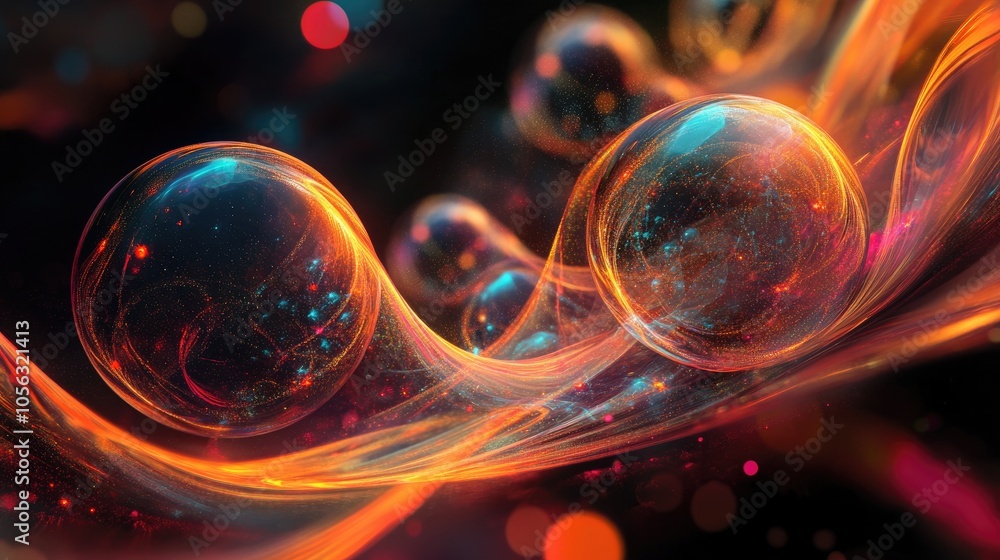 Poster transparent spheres and lines in a molecular abstract design, symbolizing cutting-edge science and t