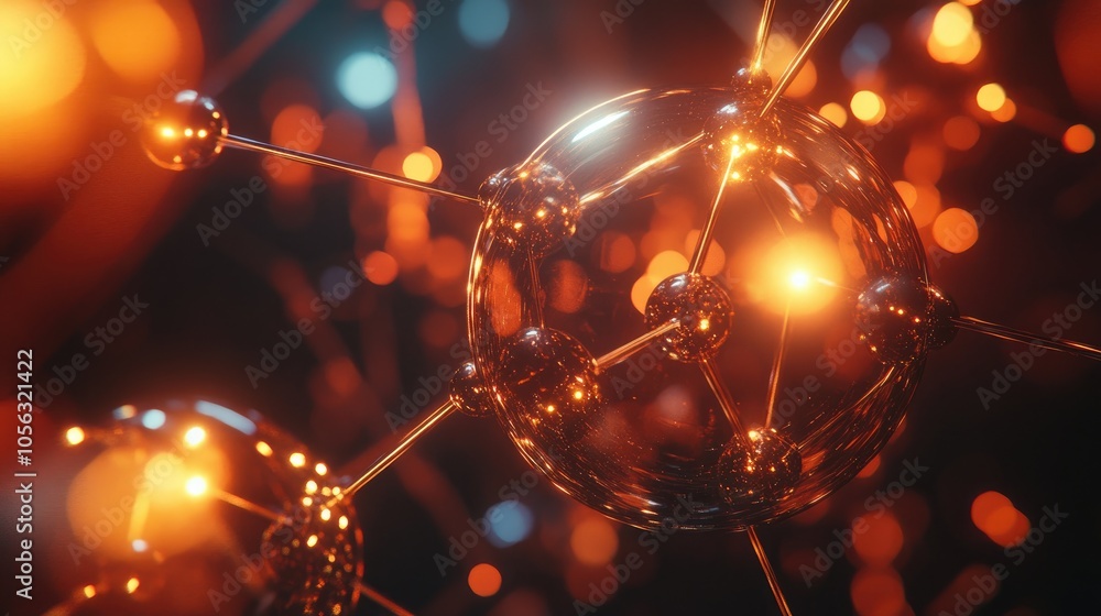 Poster transparent spheres connected in a high-tech design, representing molecular structures and advanced 