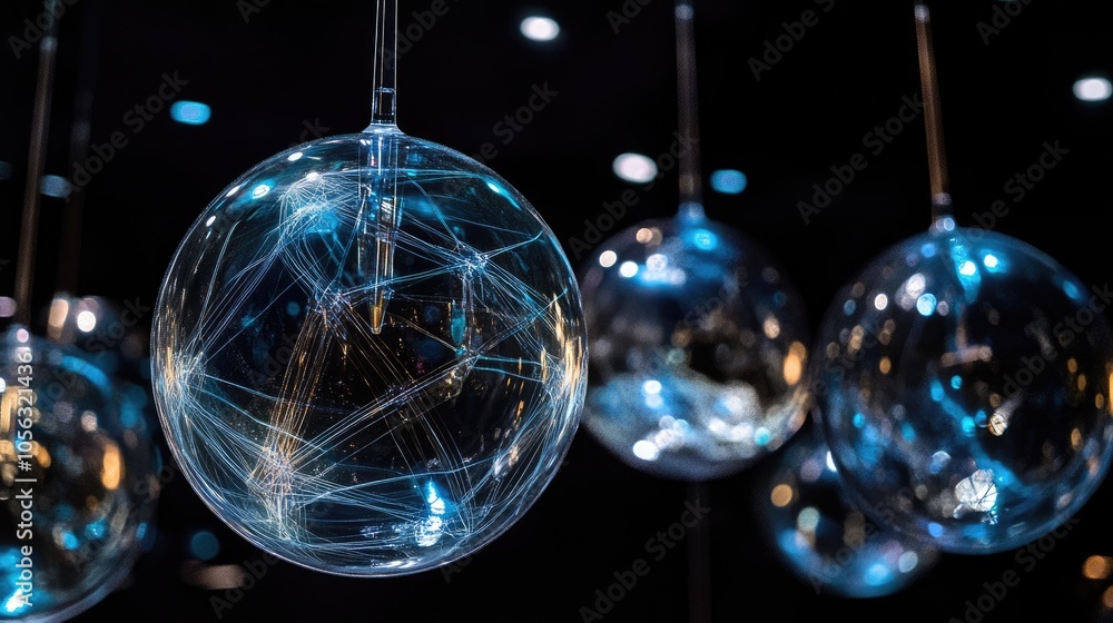 Poster transparent spheres connected in a high-tech design, representing molecular structures and advanced 