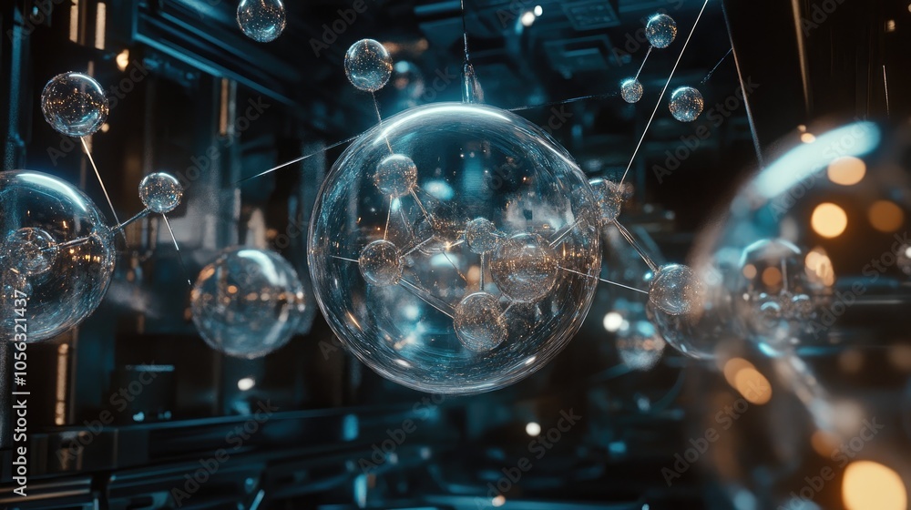 Poster transparent spheres connected in a high-tech design, representing molecular structures and advanced 