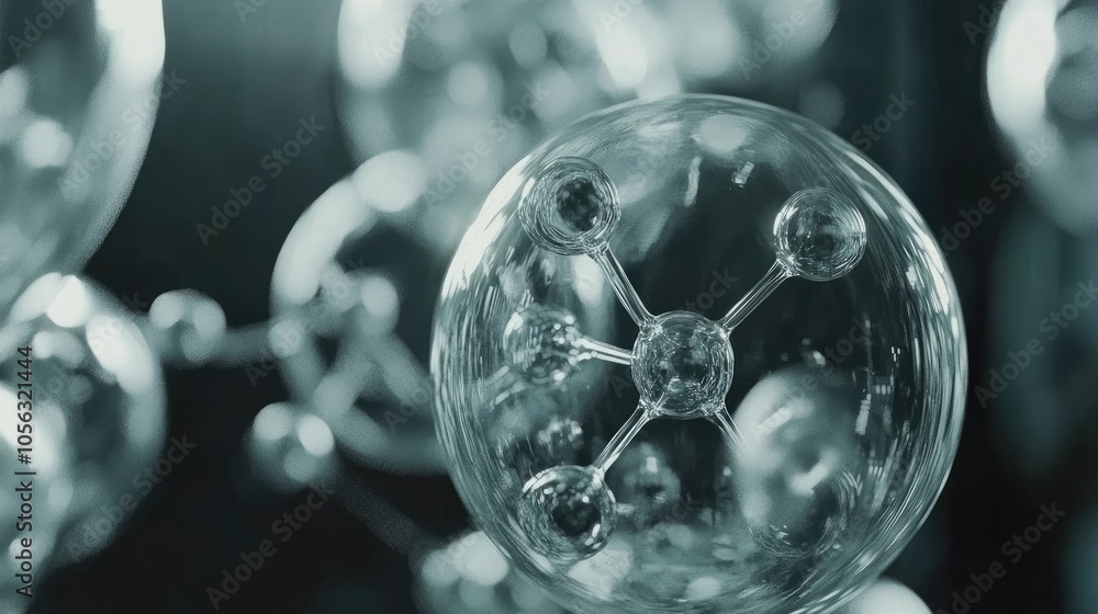 Poster transparent spheres connected in a high-tech design, representing molecular structures and advanced 