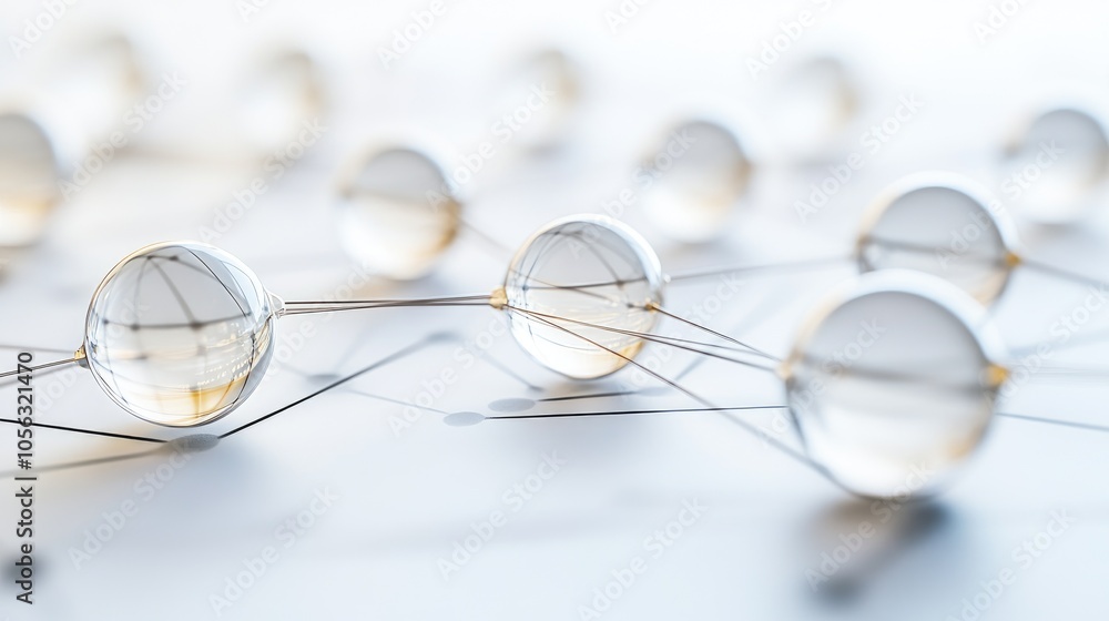 Poster transparent spheres linked by lines in an abstract, high-tech design, symbolizing molecular science 