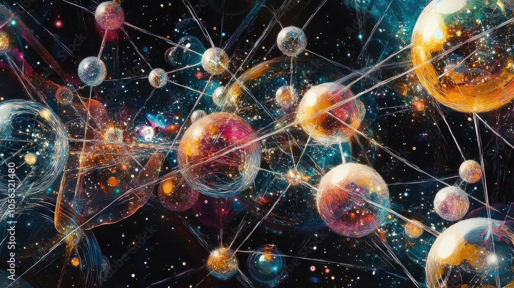 Poster a complex abstract of transparent spheres connected by lines, capturing the precision of molecular s