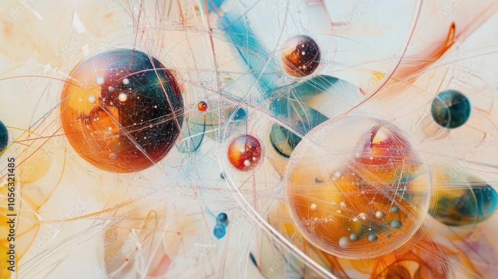Poster a complex abstract of transparent spheres connected by lines, capturing the precision of molecular s