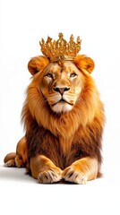 Fototapeta premium Lion wearing a golden crown, white isolated background.