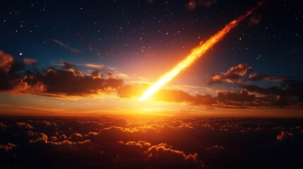 Fototapeta premium Meteor blazing through the atmosphere, vibrant colors, celestial event above clouds
