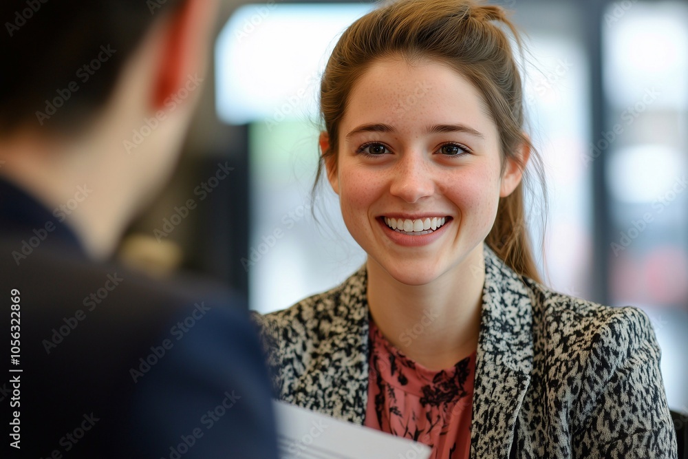 Wall mural smiling hr business woman holding cv document having a conversation with a job seeker at job intervi