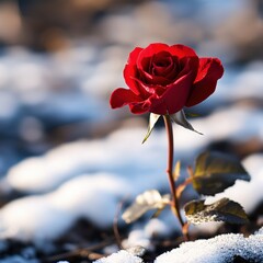 Red rose standing alone amidst snow, showcasing nature's beauty and resilience.