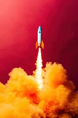 Obraz premium Rocket launch with vibrant smoke against a colorful background.