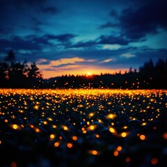 Obraz premium Scenic sunset over a glowing field, illuminated by twinkling lights.