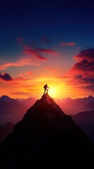 Fototapeta premium Silhouette of a climber on a mountain peak during a vibrant sunset.