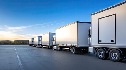 Numerous white delivery trucks are parked in a lot with a vibrant blue sky and green trees in the background