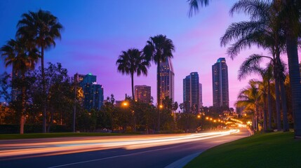 Obraz premium Cityscape at Dusk with Palm Trees and Street Lights