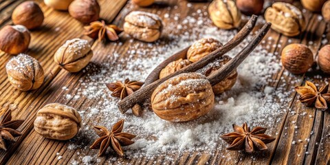 A rustic wooden surface dusted with white powder, featuring a scattering of walnuts, star anise, and wooden sticks.