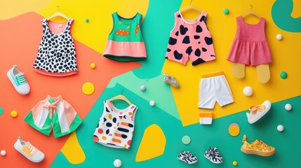 Vibrant Kids Clothing Flatlay on Colorful Background
