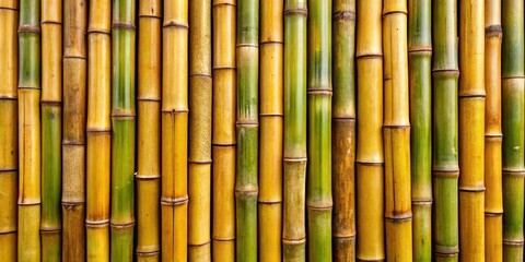 Naklejka premium A Wall of Smooth, Interwoven Bamboo Stalks in Shades of Golden Yellow and Deep Green