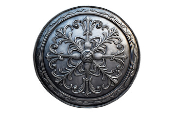 Ornate metal shield with detailed floral engravings isolated on blank background. Elegant antique medieval shield with embossed floral designs.