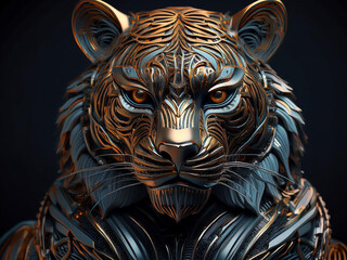 Tiger-man Made of Metal and Looking into Camera