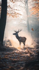 Majestic red deer standing in autumnal forest at dawn