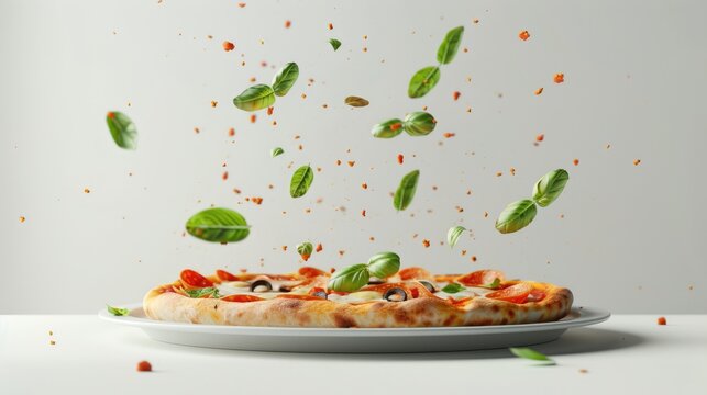 Pizza Margherita promotional flyer featuring a pizza falling on a white background with a tray.