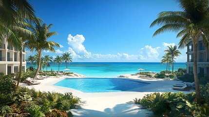 Fototapeta premium Tropical paradise luxurious beachfront pool oasis with palm trees