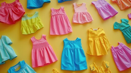 Colorful Dresses for Children on Bright Yellow Background