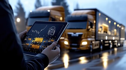 Holding a tablet displaying graphs, a person stands before yellow delivery trucks in a bustling commercial district
