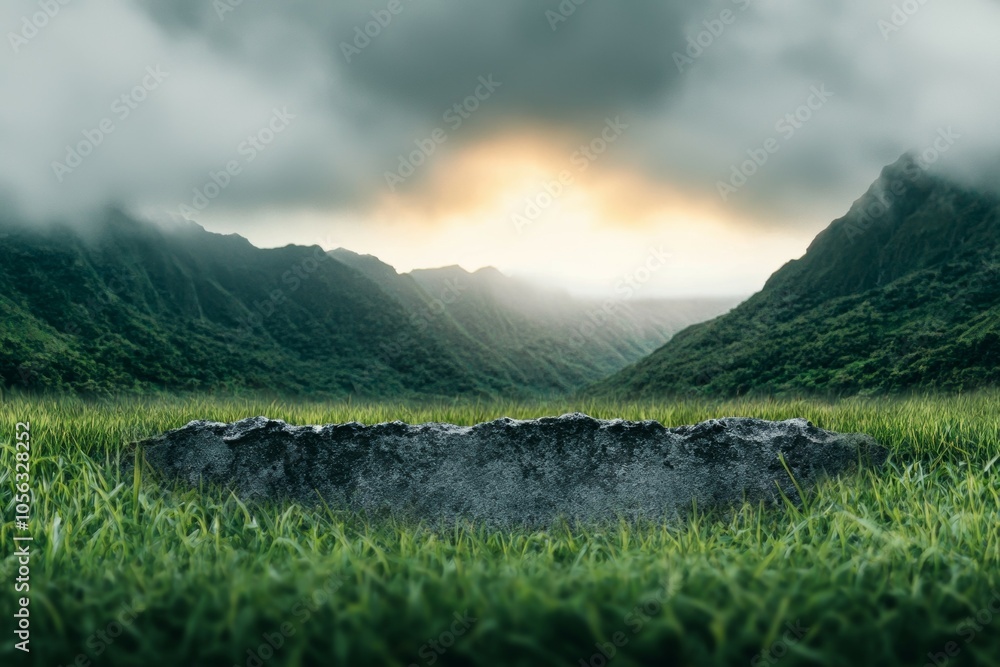 Poster a large, empty field with a large rock in the middle