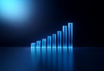 A blue, glowing bar graph ascends on a black background with a spotlight shining from above.