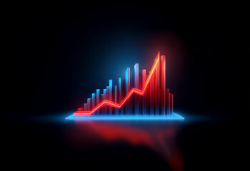 A 3D neon red line graph rising above a series of blue bars on a black background.