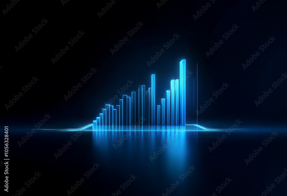 Poster a glowing blue bar graph rises on a dark background with reflection.