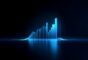 Fototapeta premium A glowing blue bar graph rises on a dark background with reflection.