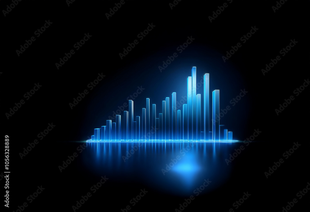 Poster an abstract blue equalizer graphic against a dark background. the equalizer appears to be reflecting